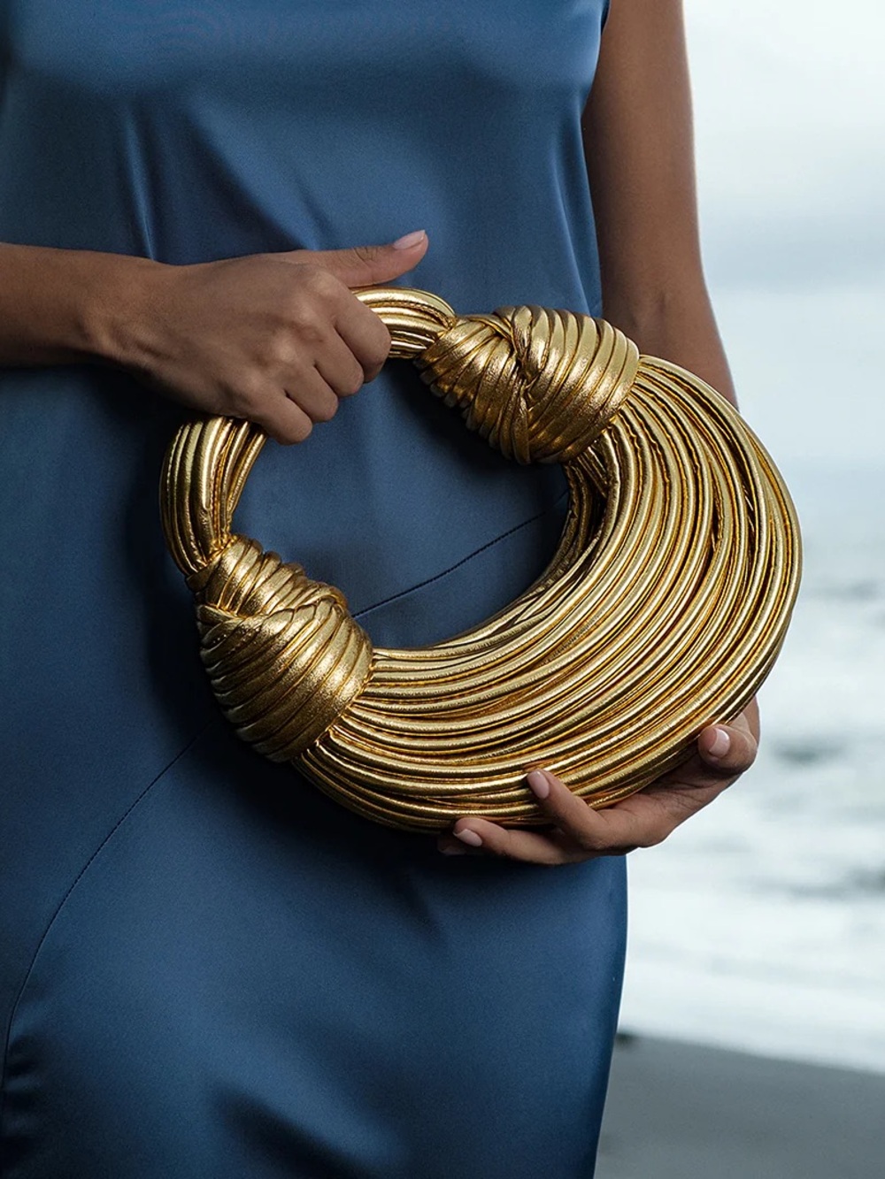 Verano Hill Gold Sculptural Knot Clutch Bag Metallic Statement Evening Handbag
